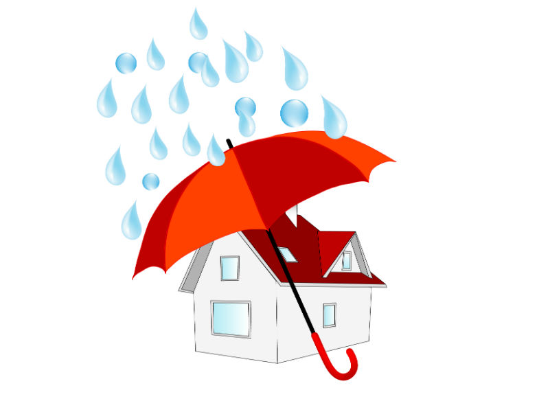 umbrella over house graphic with raindrops