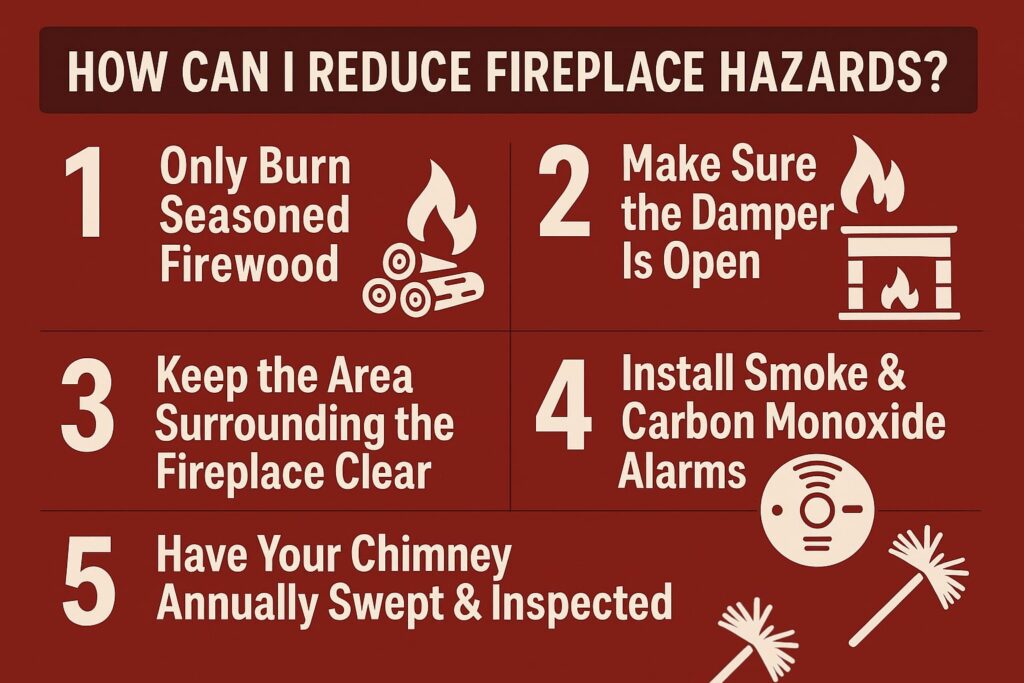 original infographic with a dark red background and white text titled “How Can I Reduce Fireplace Hazards?” at the top in a dark brown bar. The layout is divided into five numbered sections with accompanying icons. Number 1 says “Only Burn Seasoned Firewood” with an icon of three logs and a flame. Number 2 says “Make Sure the Damper Is Open” with an icon of a fireplace and flame. Number 3 says “Keep the Area Surrounding the Fireplace Clear” with no icon. Number 4 says “Install Smoke & Carbon Monoxide Alarms” with an icon of a circular alarm detector. Number 5 says “Have Your Chimney Annually Swept & Inspected” with two chimney sweep brushes crossed at the bottom right. The overall design uses clean, bold fonts for clarity and easy readability.