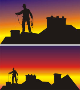 two pictures of chimney sweep on roof against sunset background