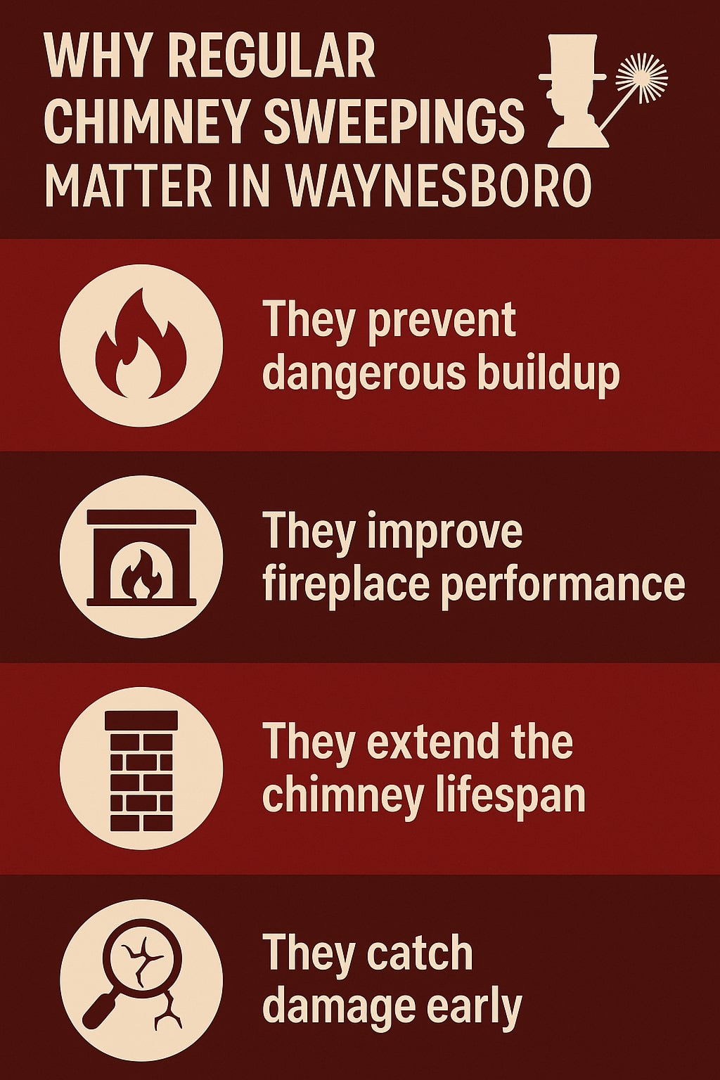 Original infographic with a dark red and brown color scheme featuring cream-colored text and icons. The title at the top reads “Why Regular Chimney Sweepings Matter in Waynesboro,” accompanied by a silhouette of a chimney sweep holding a brush. Below the title are four horizontal sections, each alternating between dark brown and deep red backgrounds. Each section contains a circular icon and descriptive text: a flame icon with “They prevent dangerous buildup,” a fireplace icon with “They improve fireplace performance,” a brick chimney icon with “They extend the chimney lifespan,” and a magnifying glass inspecting a crack icon with “They catch damage early.” The design uses bold sans-serif text and simple, high-contrast visuals for readability.<br />
