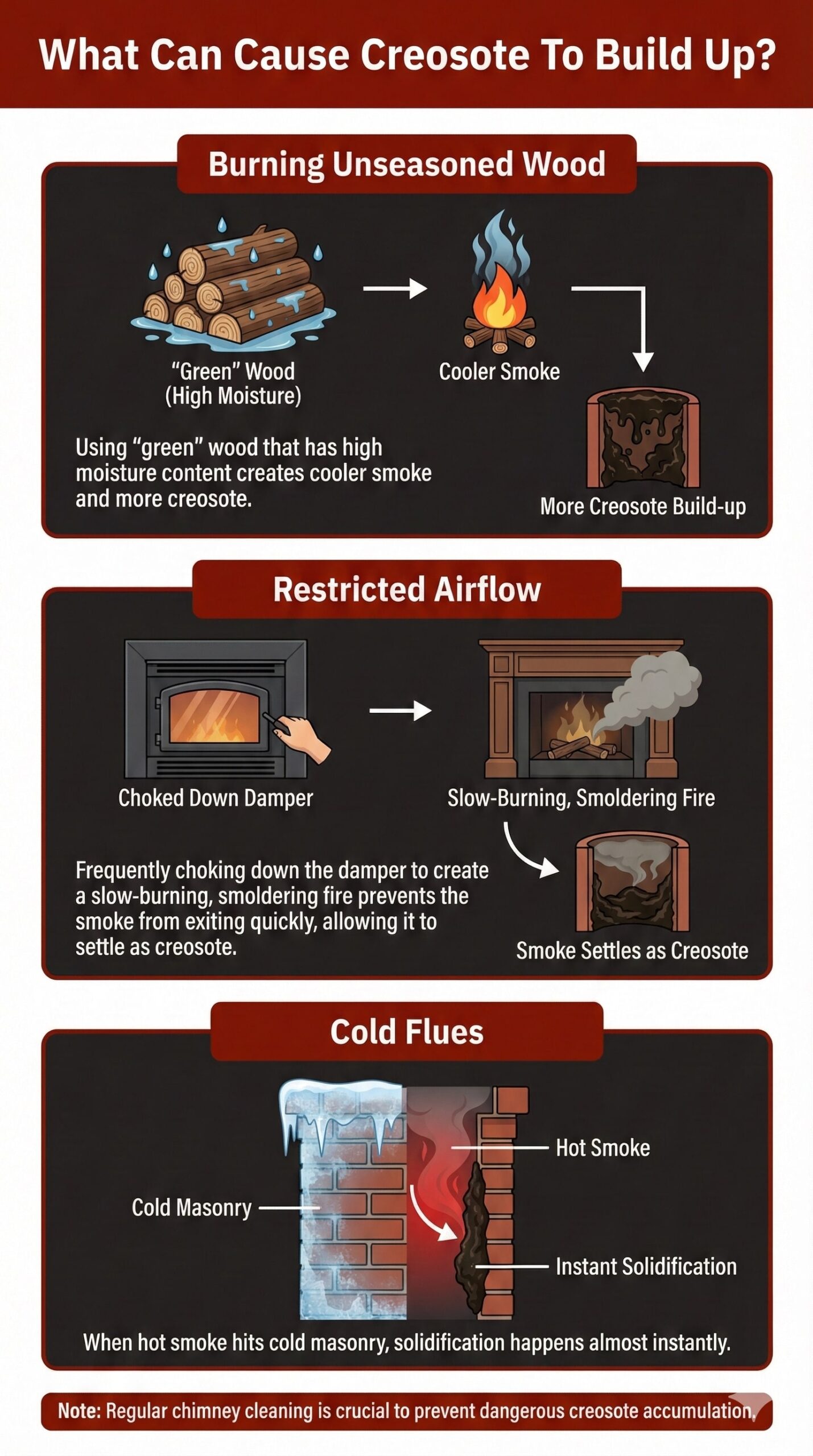 Original infographic illustrating the three primary causes of dangerous creosote accumulation in chimneys—burning unseasoned wood, restricted airflow, and cold flues. Designed with a high-contrast palette of deep reds and charcoal to highlight these safety hazards, the visual guide breaks down how high moisture content, smoldering fires, and rapid solidification on cold masonry lead to buildup, serving as an essential reference for homeowners maintaining wood-burning stoves and fireplaces.