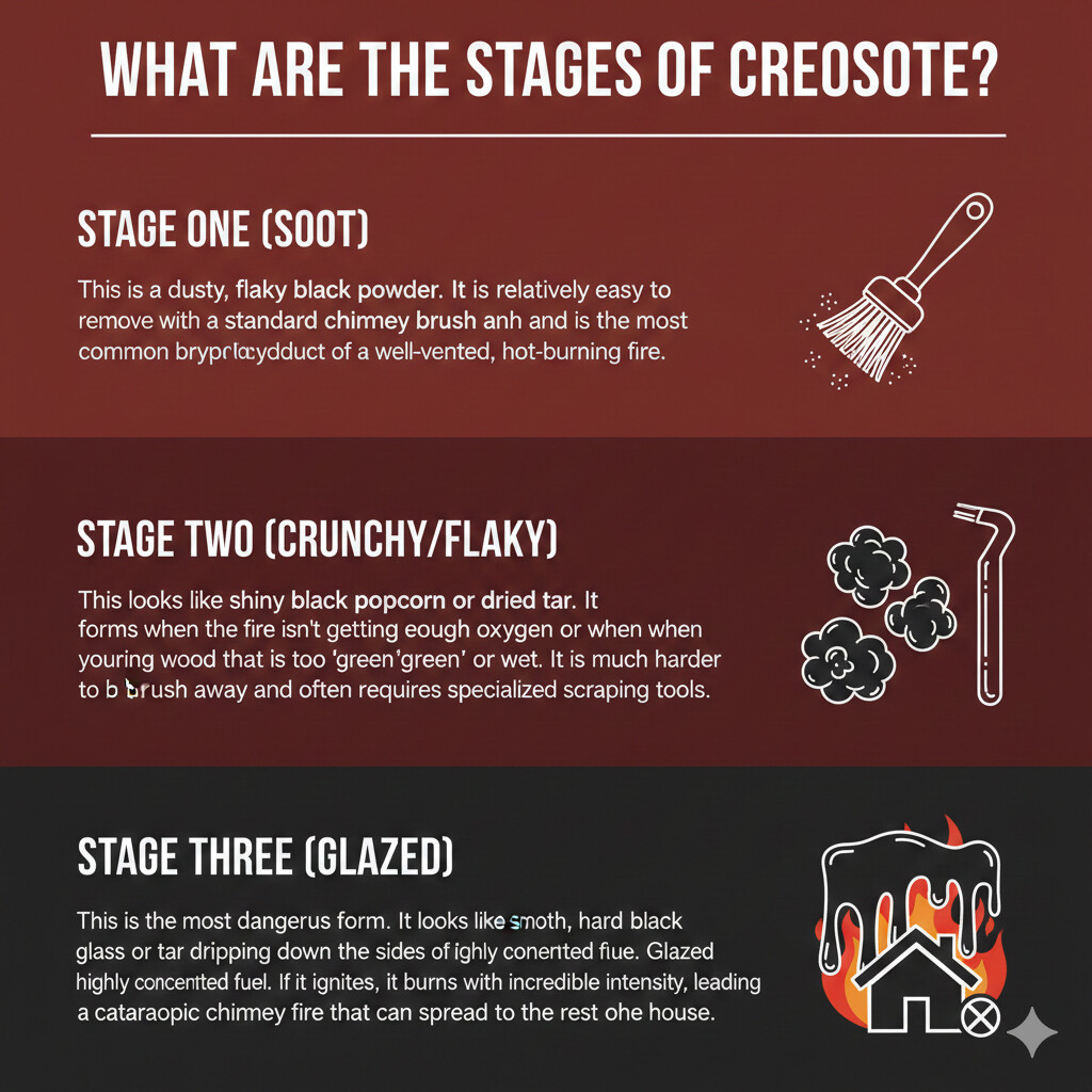 original infographic titled "What Are the Stages of Creosote?" presented in a vertical portrait orientation with a color palette of deep red, dark burgundy, black, and white. The infographic is divided into three horizontal sections, each featuring a white line-art icon on the right and descriptive text on the left. The top section, in deep red, describes Stage One (Soot) as a dusty, flaky black powder that is easy to remove with a chimney brush, common in well-vented fires; it features an icon of a chimney brush. The middle section, in dark burgundy, describes Stage Two (Crunchy/Flaky) as looking like shiny black popcorn or dried tar, occurring when wood is wet or oxygen is low and requiring specialized scraping; it features icons of textured clumps and a scraper tool. The bottom section, in charcoal black, describes Stage Three (Glazed) as the most dangerous form, appearing as smooth, hard black glass or dripping tar that is highly concentrated fuel; it notes that ignition leads to intense chimney fires and features an icon of thick tar dripping over a house engulfed in flames.